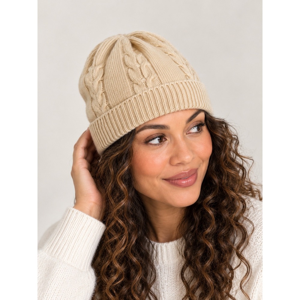 Claudia Nichole Beanie Women Unisex OS Beige 100% Cashmere Cable Knit Winter Hat